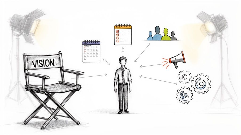 A man coordinates project elements: vision, schedule, team, communication, and processes, highlighted by spotlights.