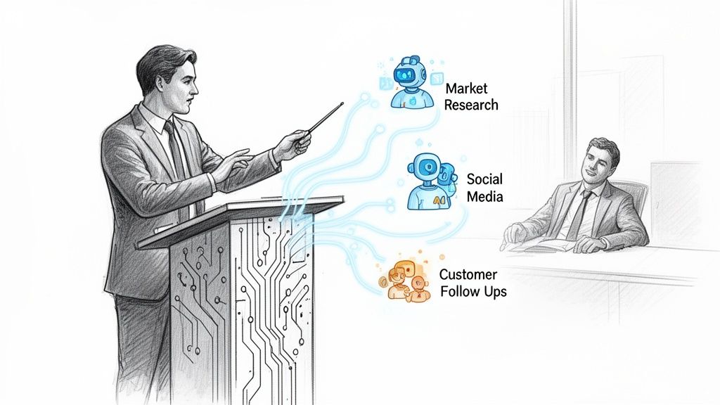 Man presents AI agent platform for market research, social media, and customer follow-ups.