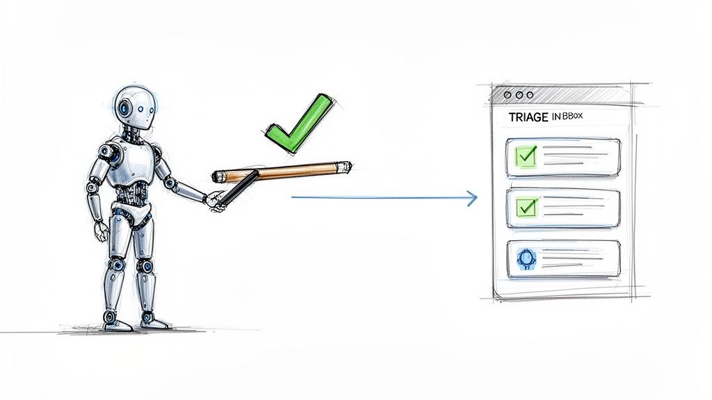 An AI robot uses a pen to mark tasks as complete in a digital triage inbox.