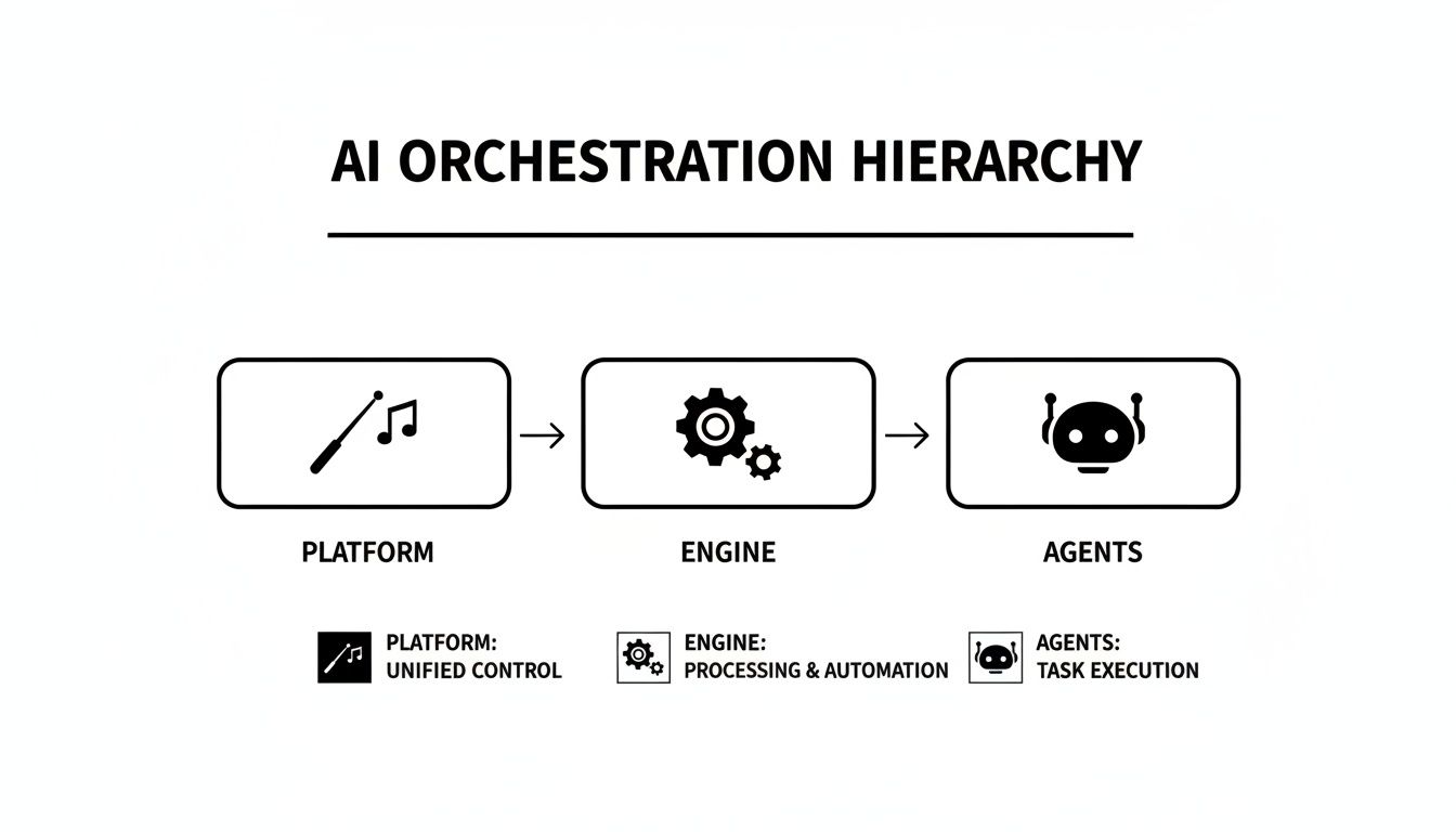 Diagram illustrating the AI orchestration hierarchy with Platform, Engine, and Agents, showing unified control, processing, and task execution.