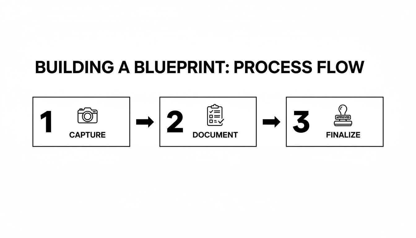 A three-step process flow diagram illustrating how to build a blueprint: Capture, Document, Finalize.