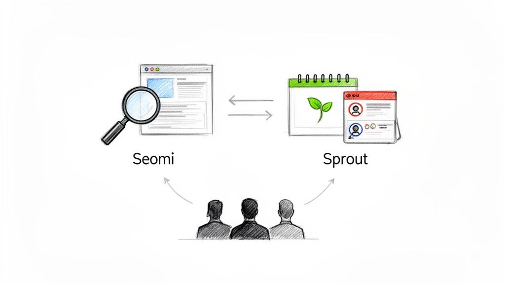 Diagram illustrating the integration and interaction between Seomi and Sprout platforms, utilized by users.