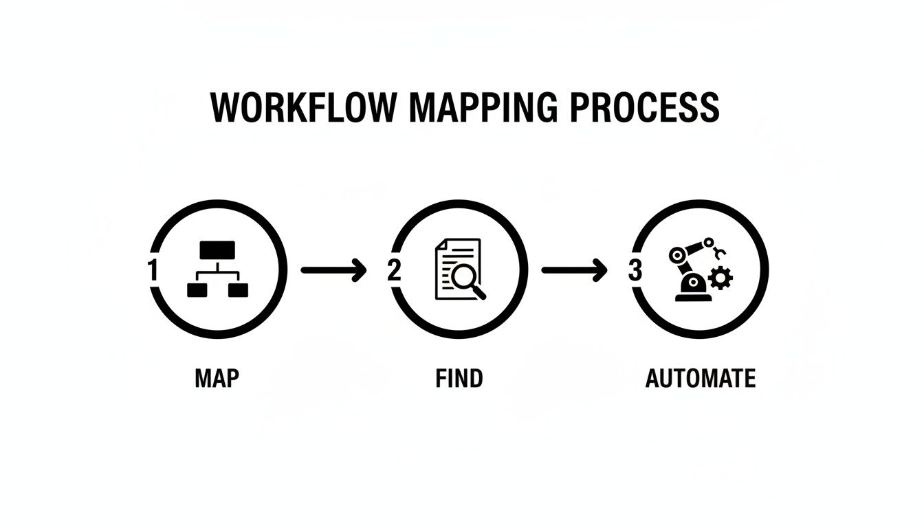 A three-step workflow mapping process with icons for map, find, and automate.