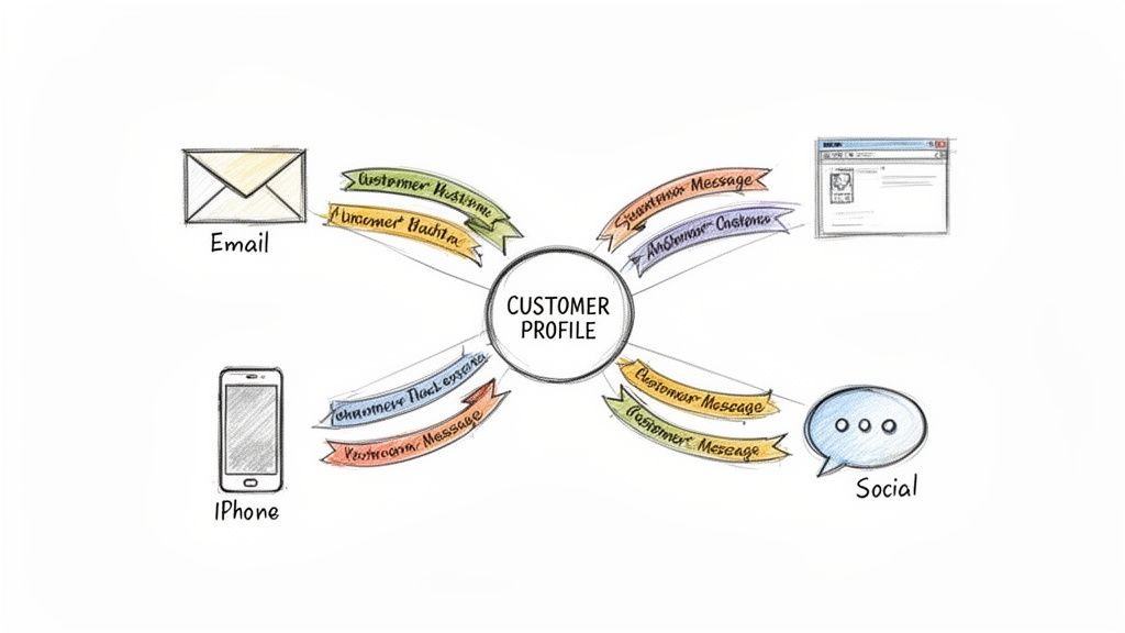 Diagram illustrating a 'Customer Profile' fed by Email, iPhone, Social, and desktop interactions.