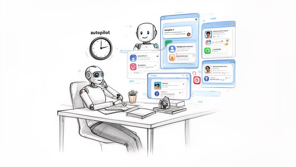 Two AI robots on autopilot manage tasks and social media, interacting with multiple digital windows.
