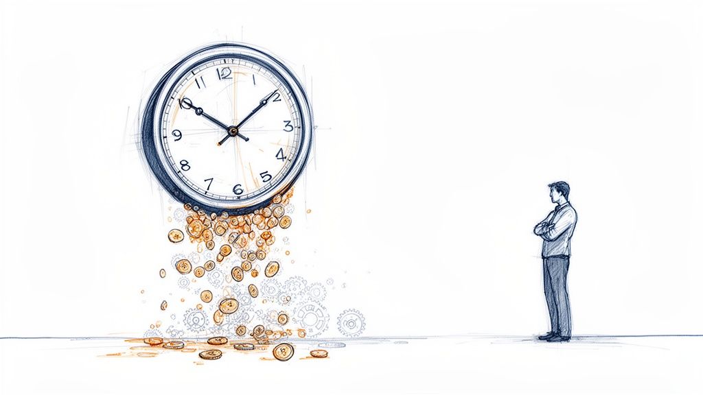A detailed sketch illustrates a clock pouring out coins and gears, observed by a man, symbolizing time and resources.