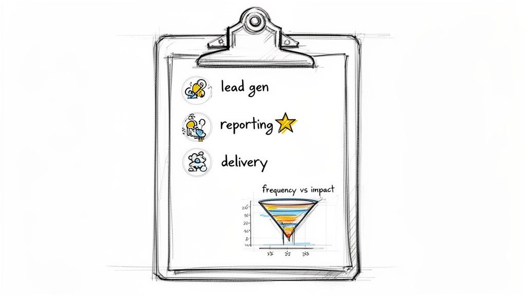 Hand-drawn clipboard with 'lead gen', 'reporting' (starred), 'delivery' items and a 'frequency vs impact' funnel chart.