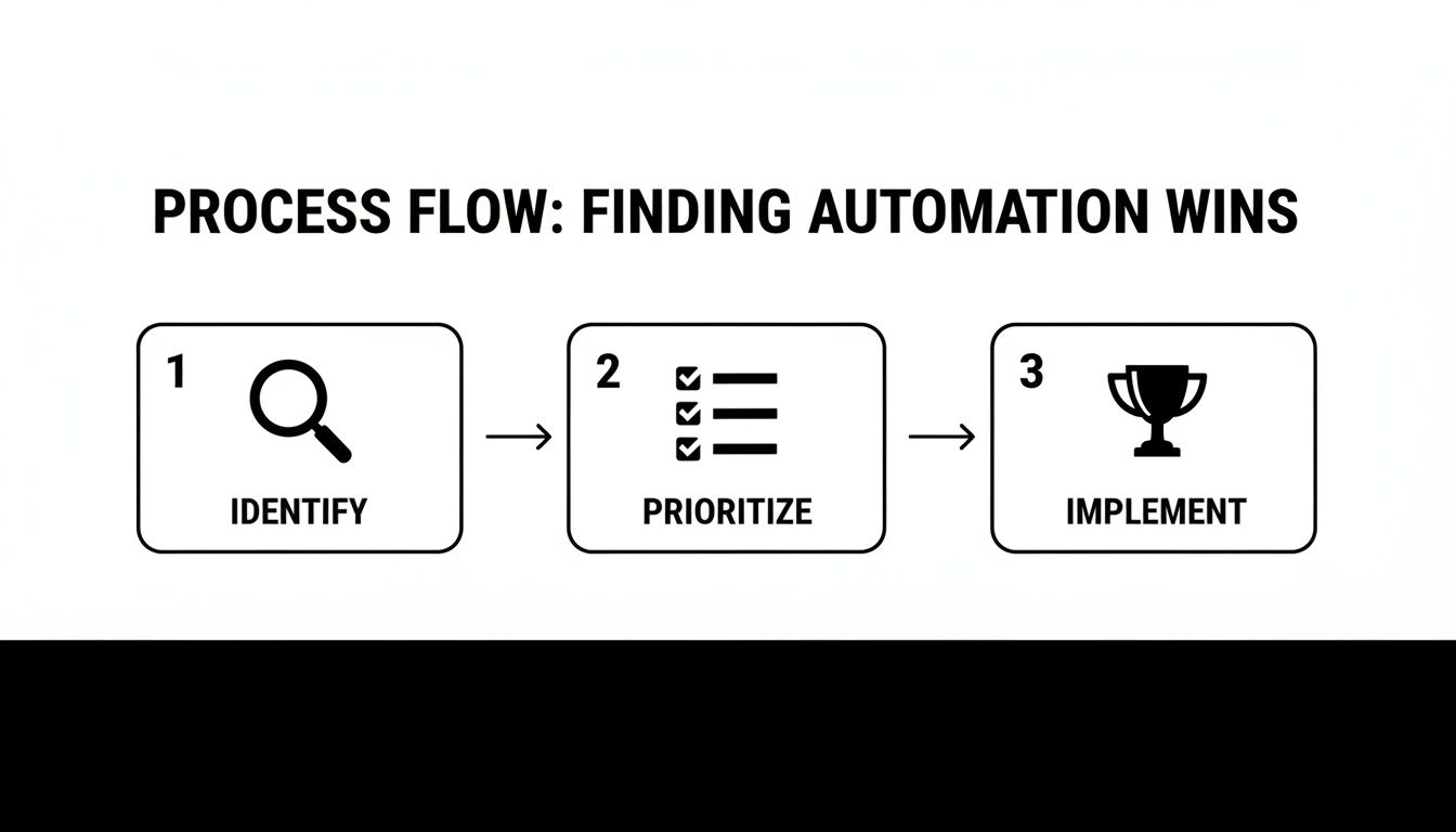 A three-step process flow for finding automation wins: Identify, Prioritize, and Implement.