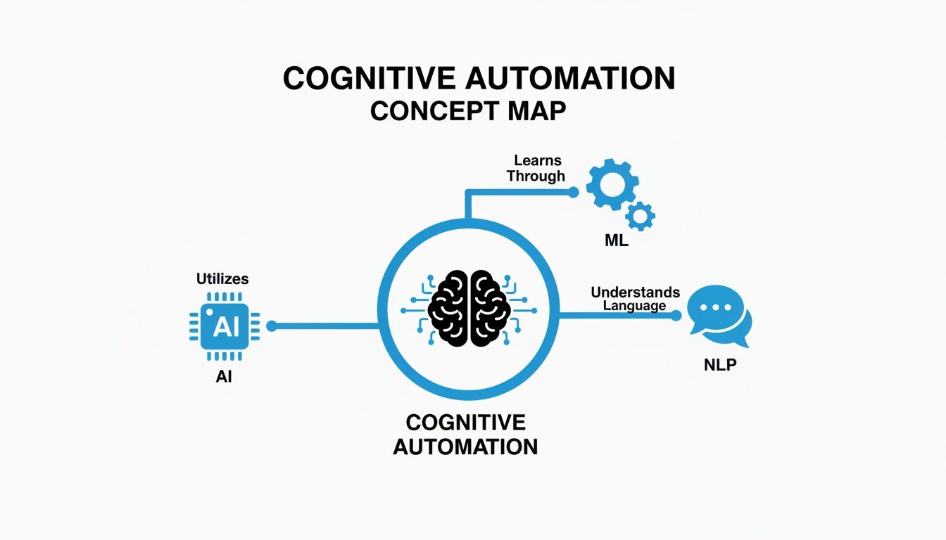 Concept map illustrating Cognitive Automation, showing its relation to AI, Machine learning, and Natural Language Processing.