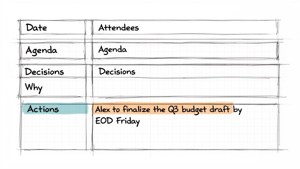A handwritten meeting minutes template showing sections for date, attendees, agenda, decisions, why, and actions.