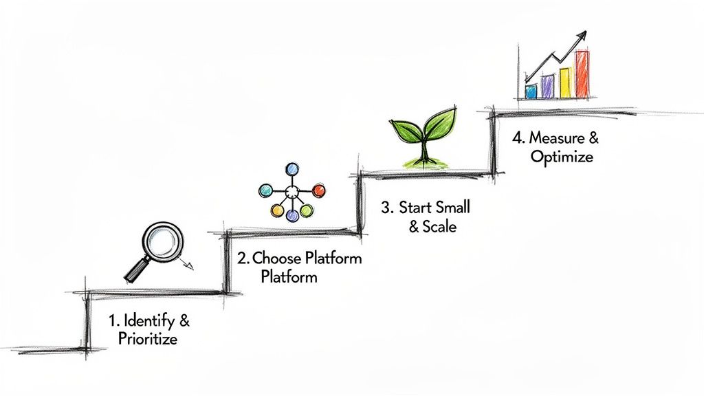 A four-step staircase diagram showing a business strategy process: Identify, Choose Platform, Start Small & Scale, and Measure & Optimize.