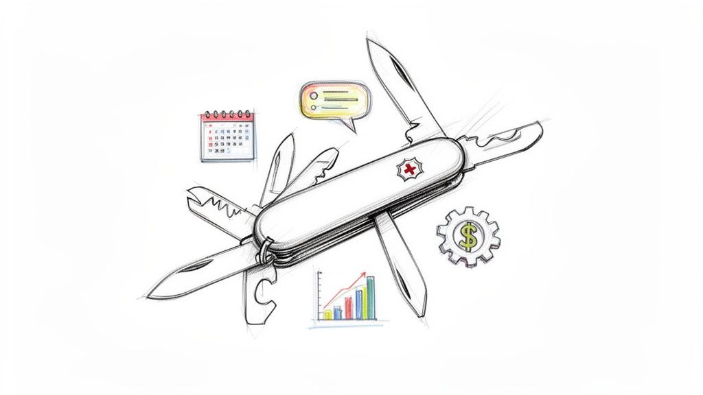 A sketch of a multi-tool with various business icons: calendar, chat, gears, and growth chart.