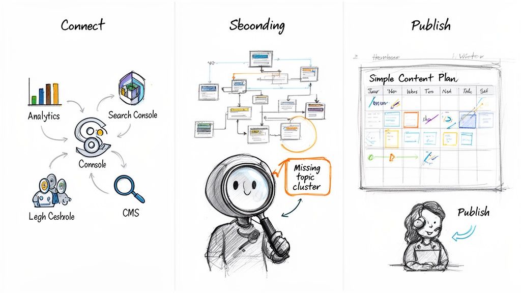 A three-part diagram illustrates the SEO workflow: data connection, content gap analysis, and publishing.