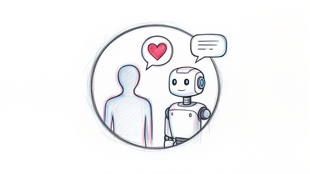 A stylized drawing of a human silhouette and a smiling robot communicating with a heart and text bubbles.