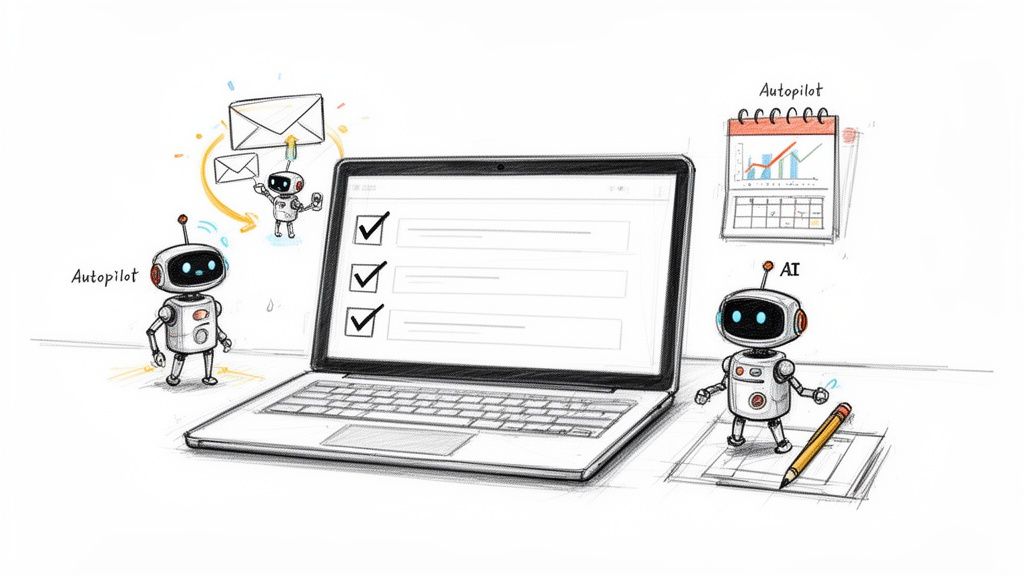 An illustration of AI and autopilot robots automating tasks around a laptop showing a checklist.