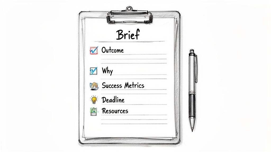 A clipboard with a 'Brief' document listing outcome, why, success metrics, deadline, and resources, with a pen.