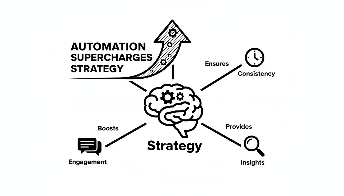 Diagram illustrating how automation supercharges strategy, boosting engagement, ensuring consistency, and providing insights.