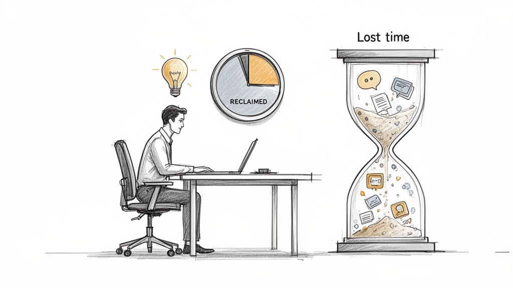 An illustration of a man working productively, reclaiming time from lost hours filled with distractions.