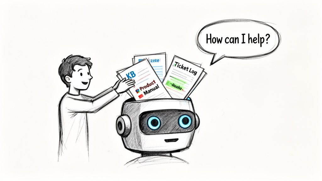 A person feeds product manuals and ticket logs into a robot's head, which asks 'How can I help?'.