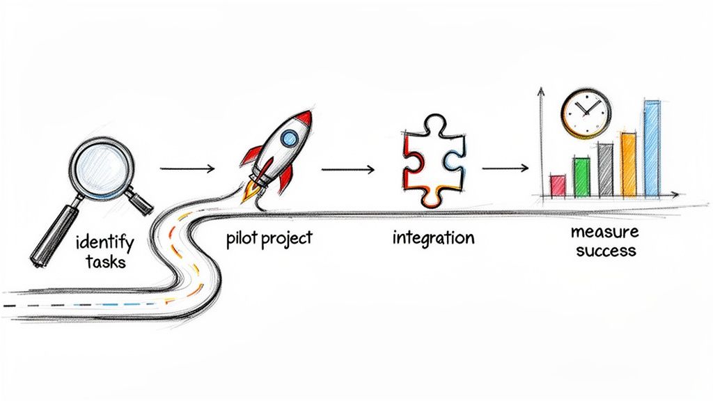 A hand-drawn diagram illustrating a four-step project management process: identify tasks, pilot project, integration, and measure success.