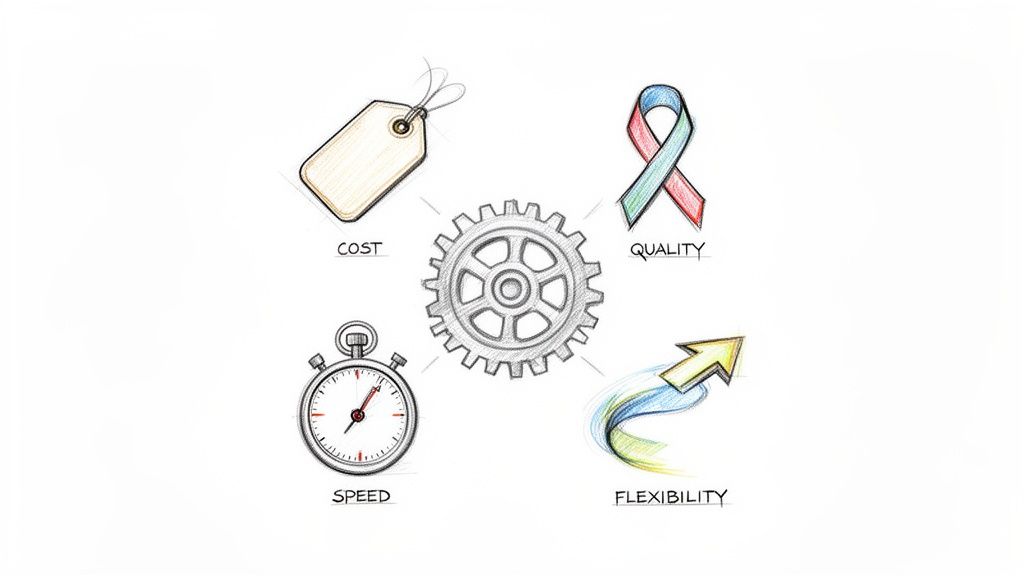 Hand-drawn icons of cost, quality, speed, and flexibility surrounding a central gear.