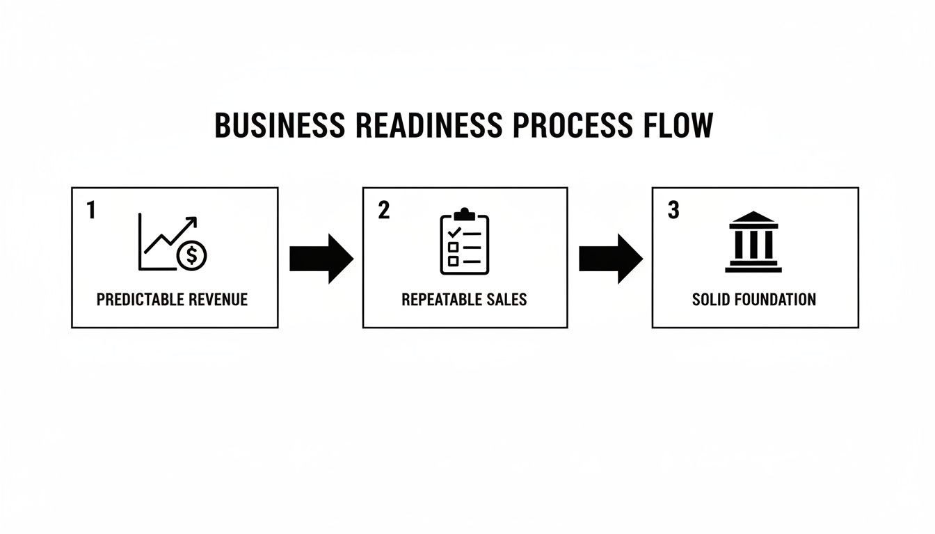 A business readiness process flow diagram showing three steps: predictable revenue, repeatable sales, and a solid foundation.