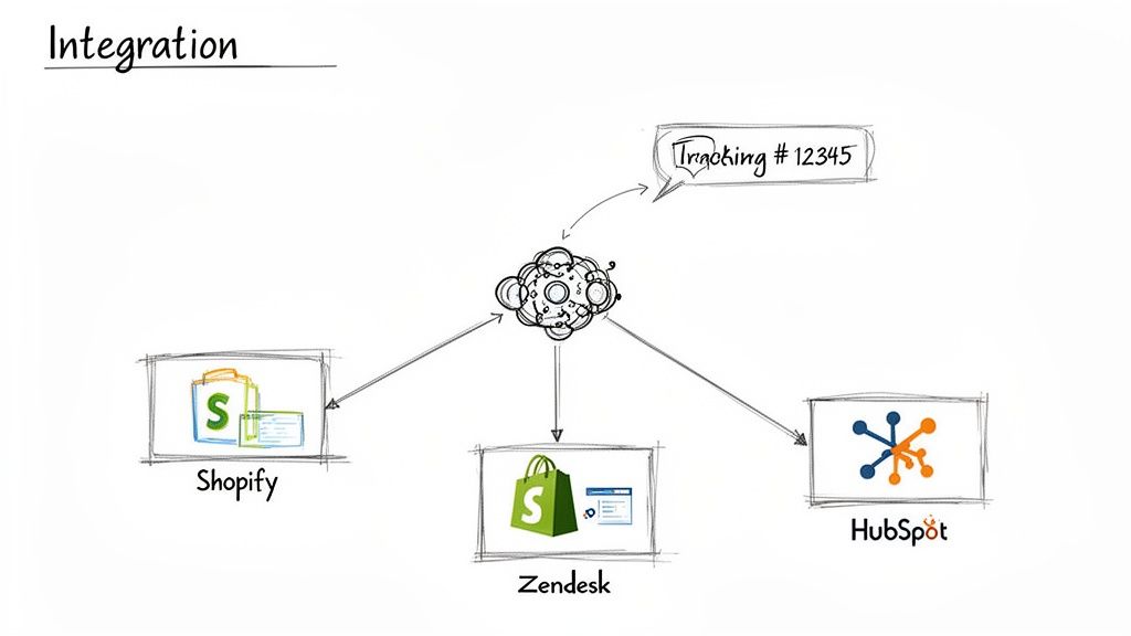 Diagram illustrating an integration hub connecting Shopify, Zendesk, and HubSpot, processing a tracking number.