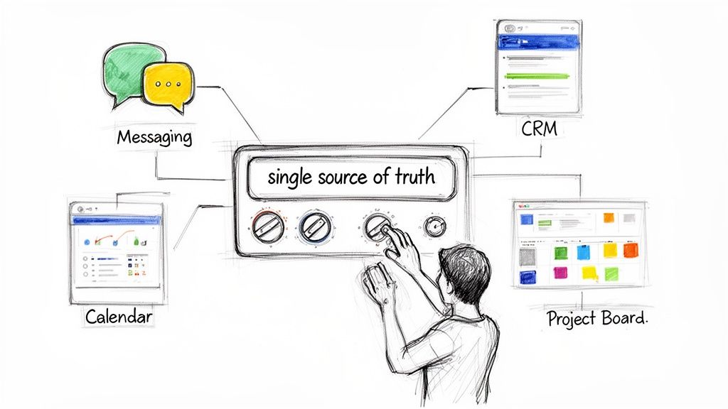 A sketch illustrating a 'single source of truth' platform integrating messaging, CRM, calendar, and project management.
