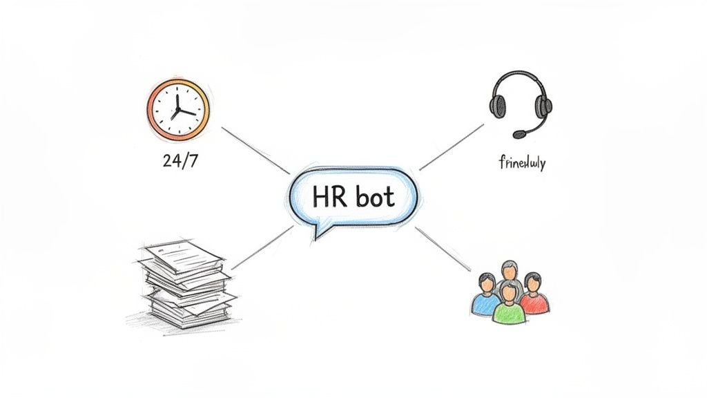 A concept map illustrates an HR bot's capabilities, offering 24/7 availability, friendly support, document management, and employee assistance.