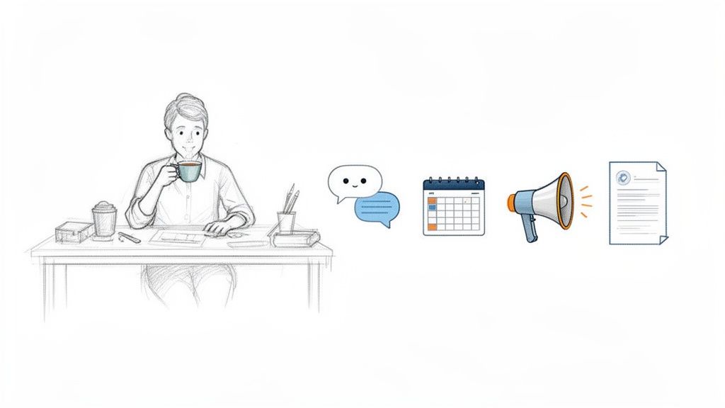 A person at a desk with coffee and papers, alongside icons for chat, calendar, megaphone, and document.