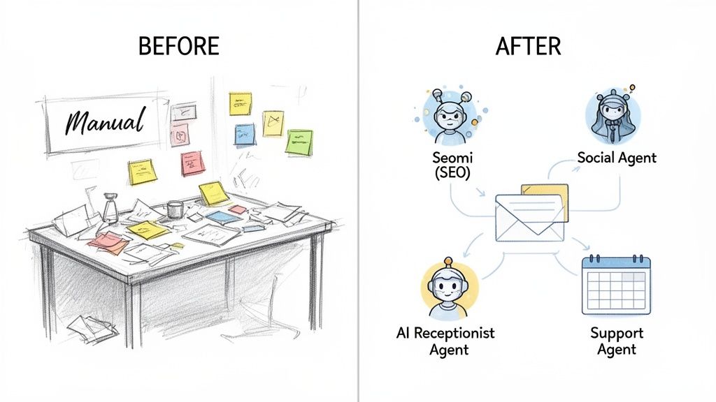 Contrast of a messy manual desk with papers versus an organized hyperautomation system with AI agents.
