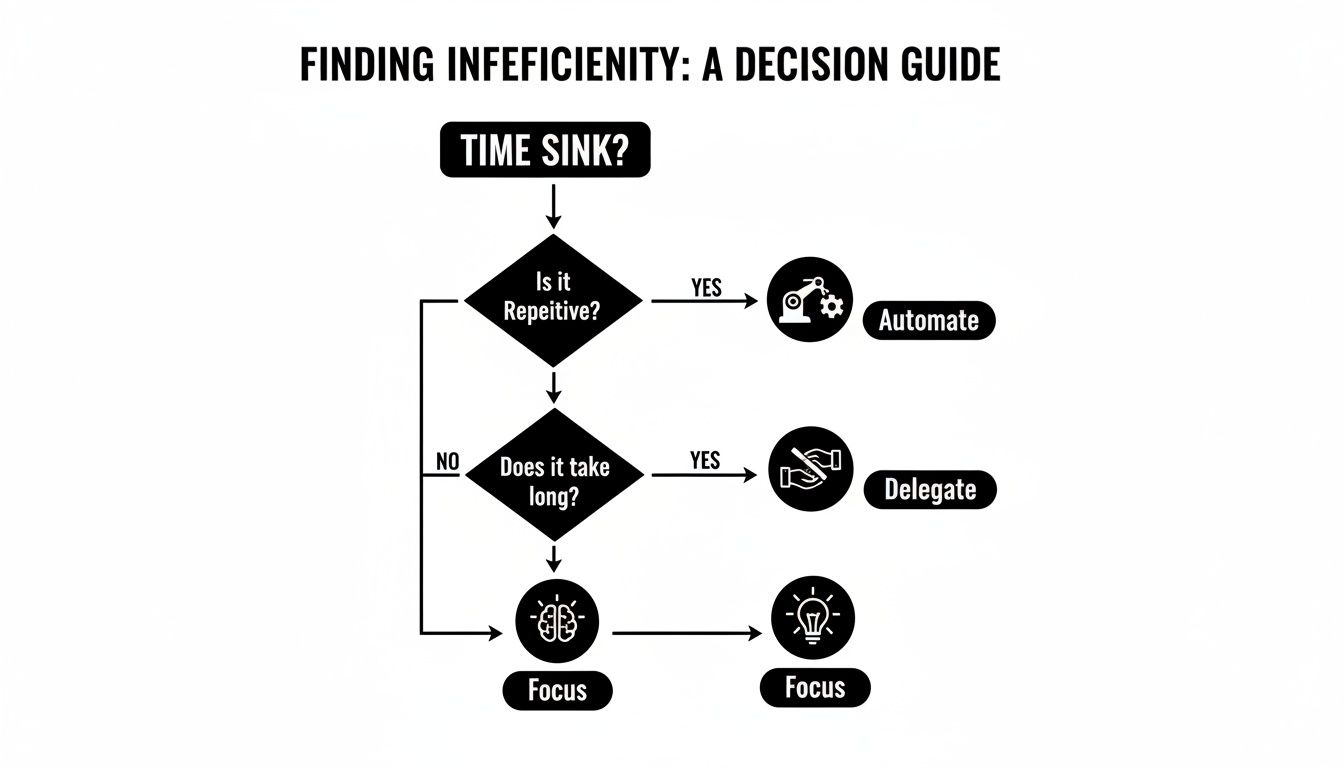 A flowchart decision guide on finding inefficiency, suggesting to automate, delegate, or focus.