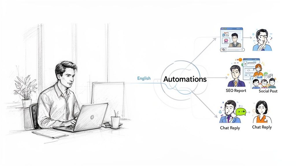 A man uses a laptop for business automation, generating SEO reports, social posts, and chat replies.