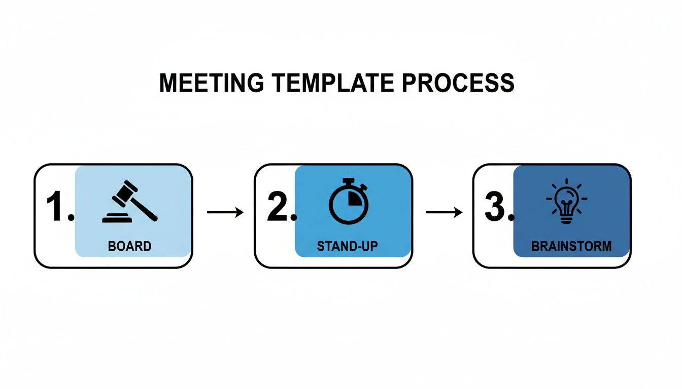 A three-step meeting template process showing Board, Stand-up, and Brainstorm stages.