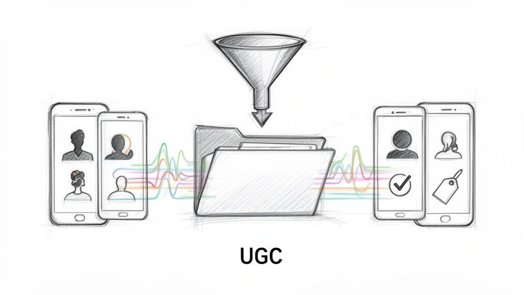 Sketch shows UGC processing: content from phones funnels into a folder, then displayed on other phones.