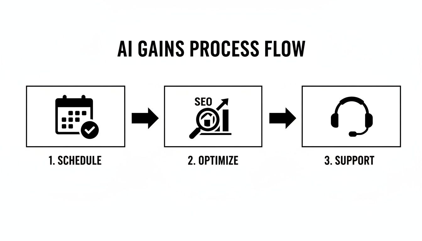 A process flow diagram illustrating three steps for AI gains: schedule, optimize with SEO, and support.