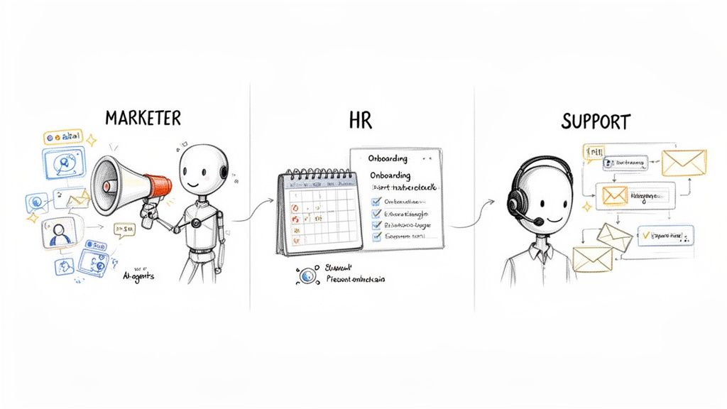 Three AI robots demonstrating marketing, HR onboarding, and customer support business workflows.