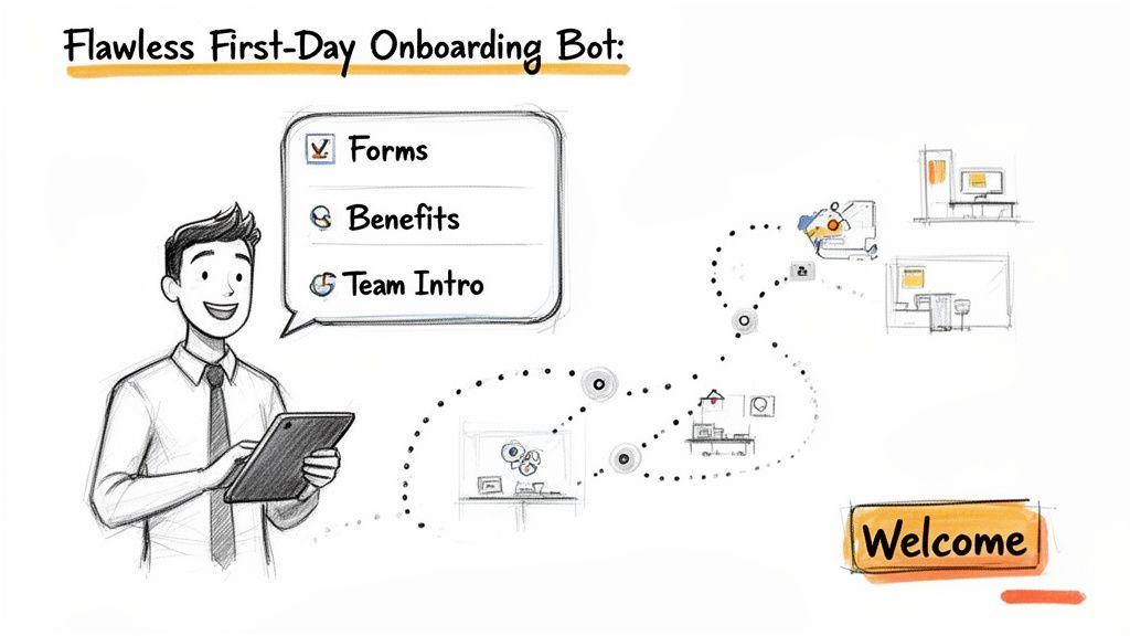 A man interacts with an onboarding bot on a tablet, guiding through forms, benefits, and team intro.