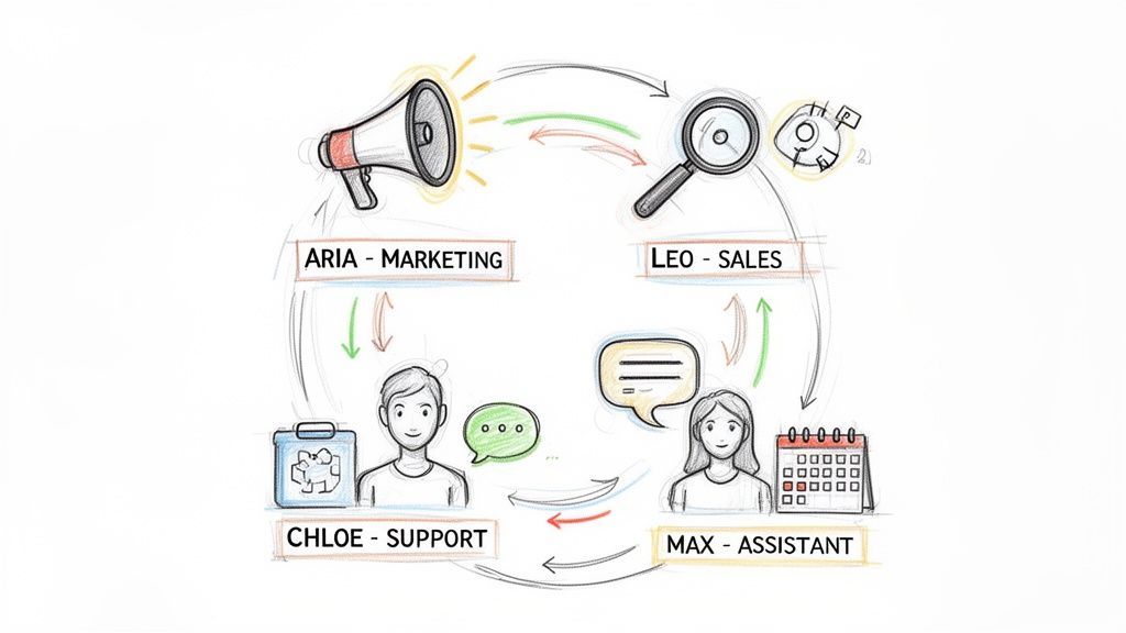 A circular diagram illustrating four interconnected AI agents: Marketing, Sales, Support, and Assistant.