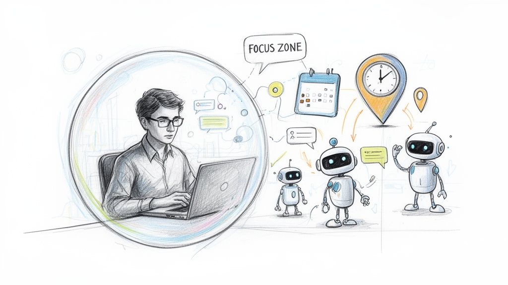 A man works on a laptop inside a focus zone bubble, assisted by robots and productivity tools.