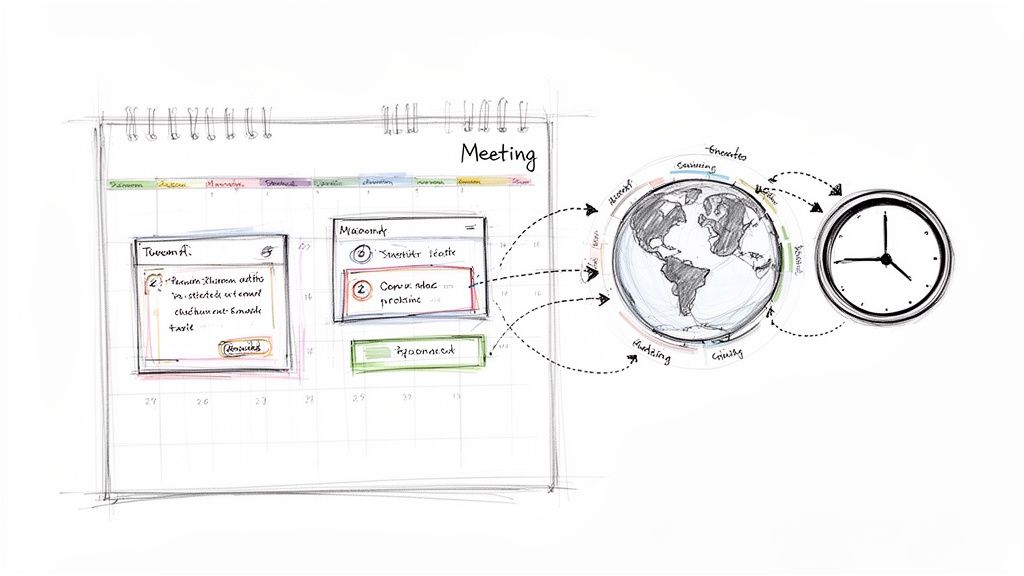 A hand-drawn sketch illustrating global meeting scheduling and time management using a calendar, globe, and clock.
