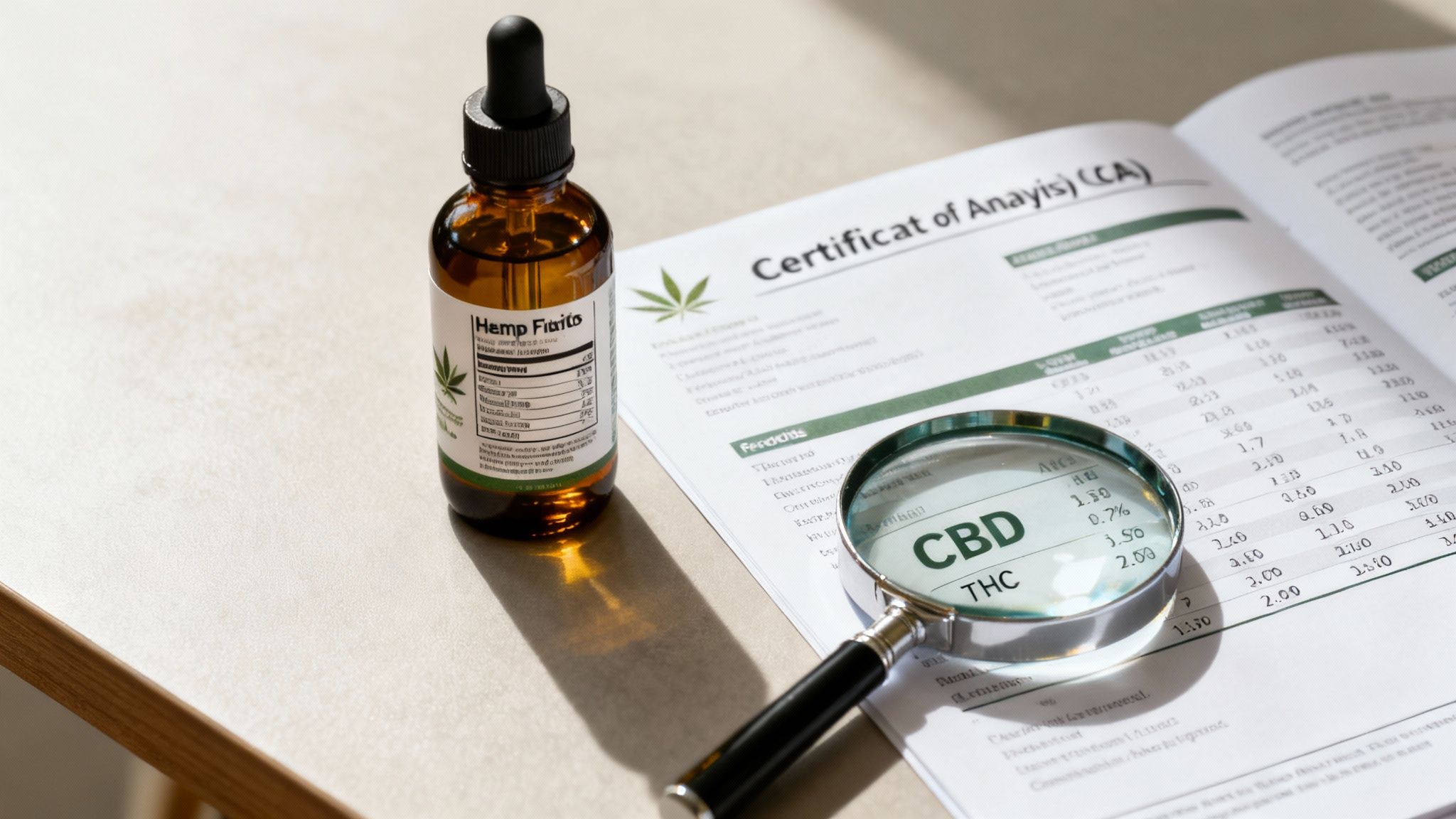 Hemp oil bottle with dropper beside certificate of analysis showing CBD and THC content