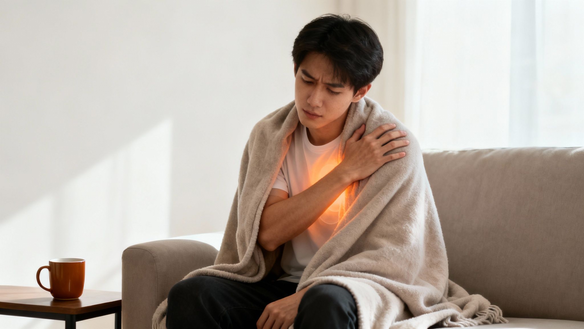 Young Asian man on sofa, wrapped in blanket, holding chest with glowing pain.