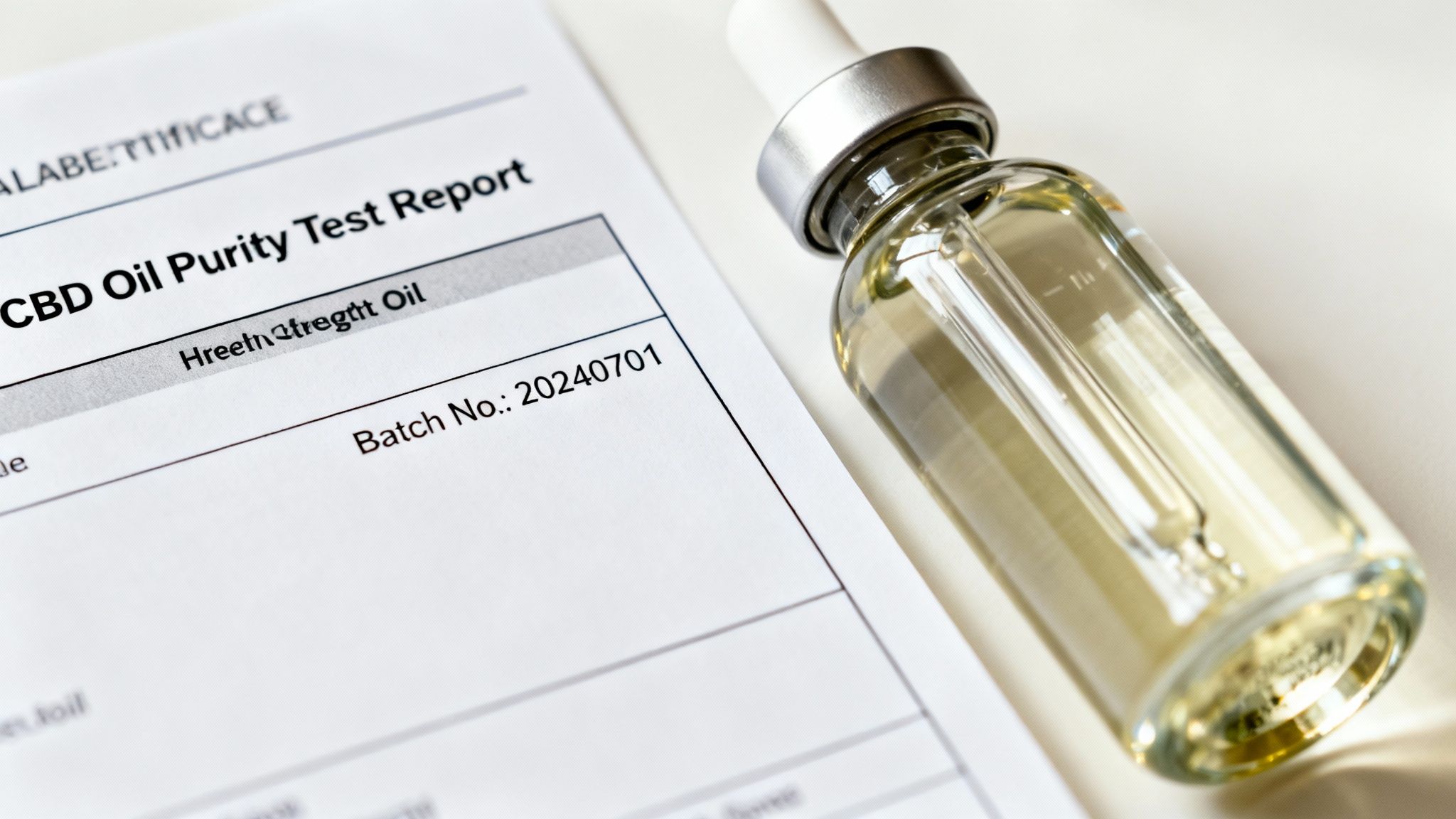 A magnifying glass inspects the label of a high-strength CBD oil bottle, symbolising quality control and verification in the UK.