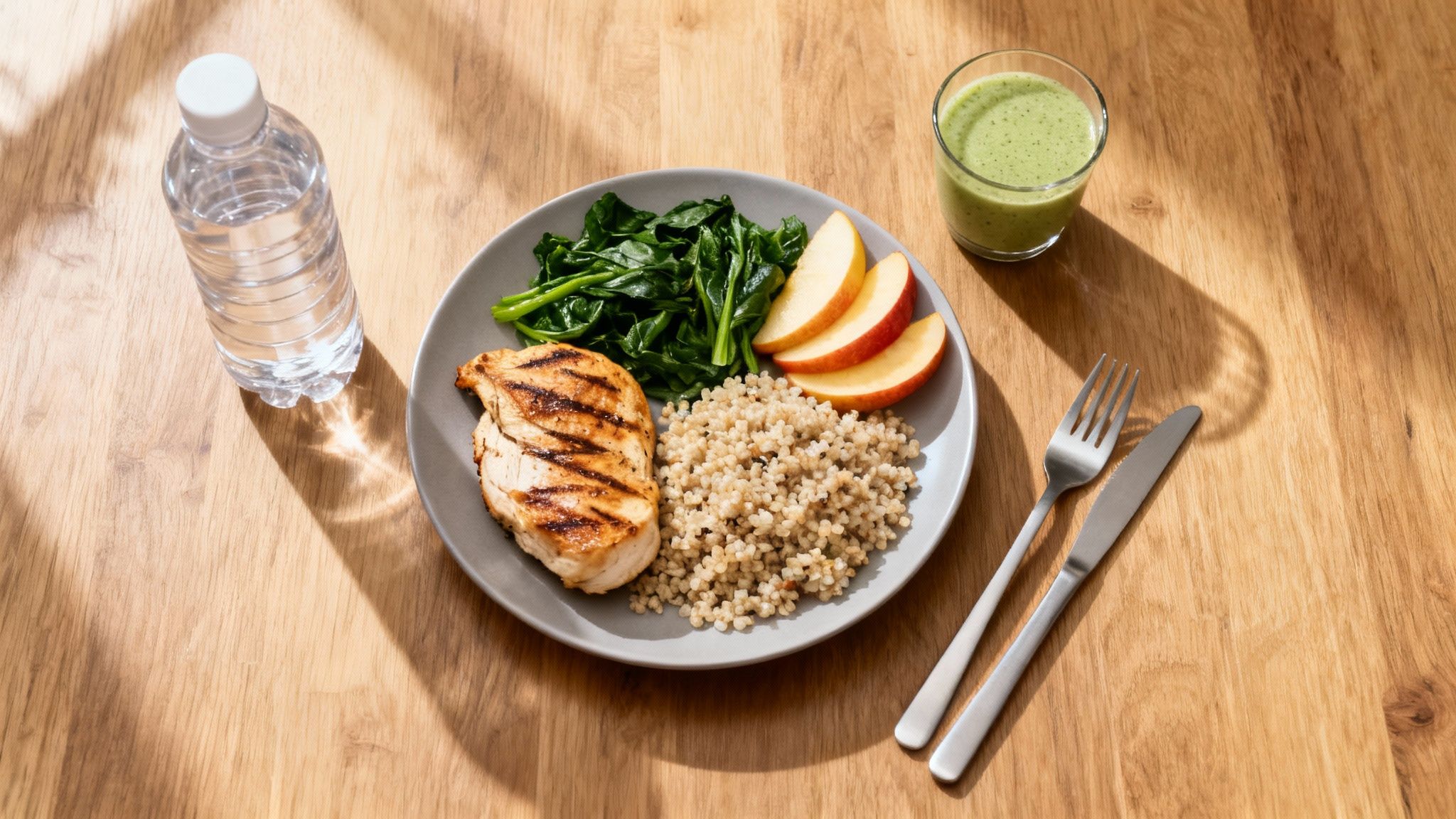 A healthy meal with grilled chicken, spinach, grains, apple slices, a green smoothie, and water.