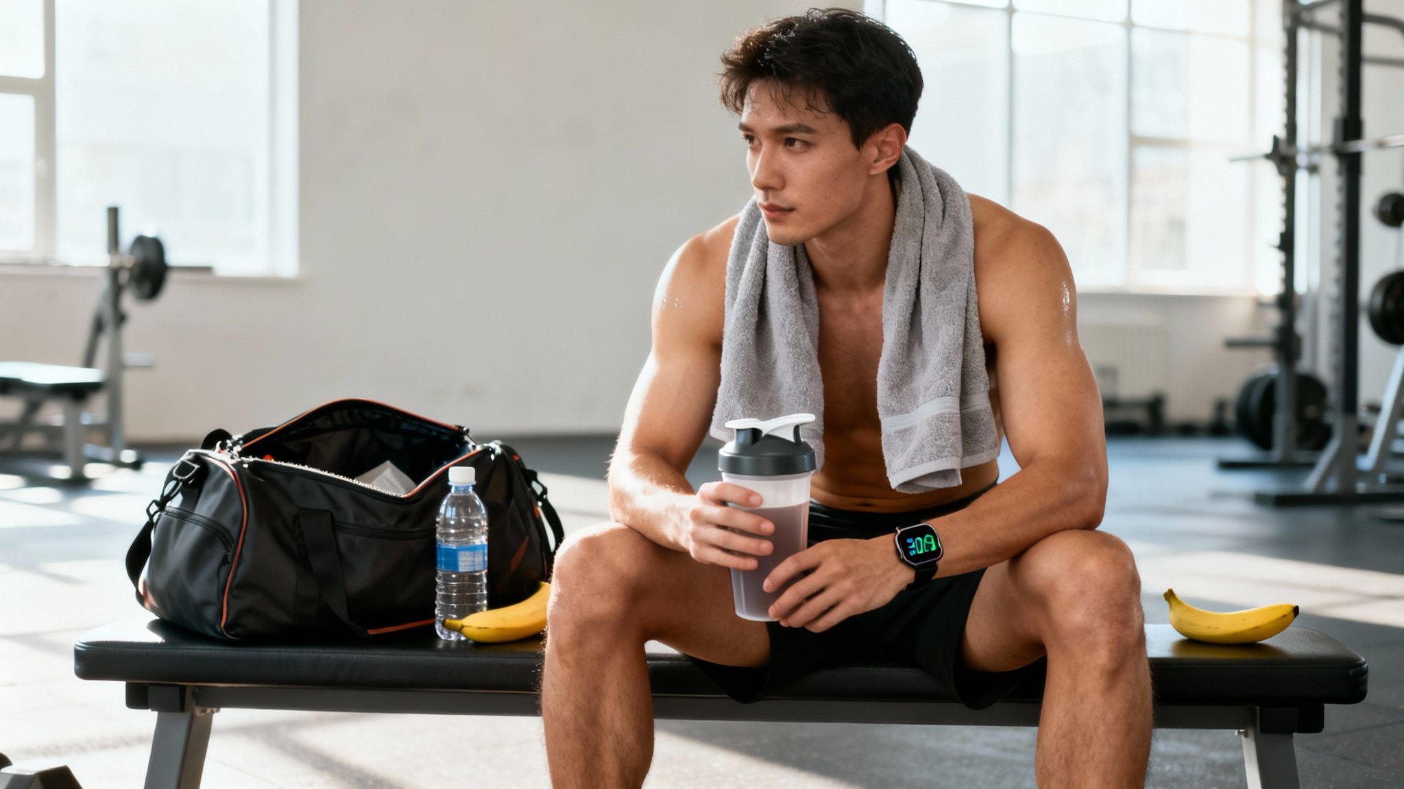 Fit man recovering after a workout in a gym, holding a protein shaker with water and bananas nearby.