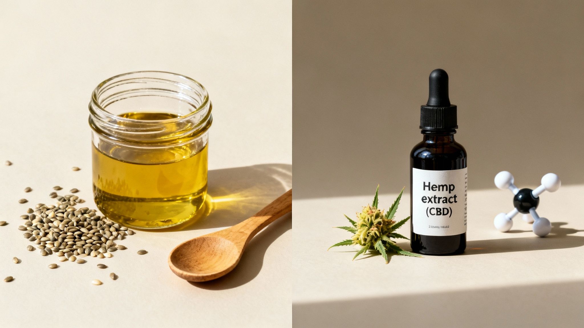 Hemp seeds with golden oil in jar next to CBD extract dropper bottle