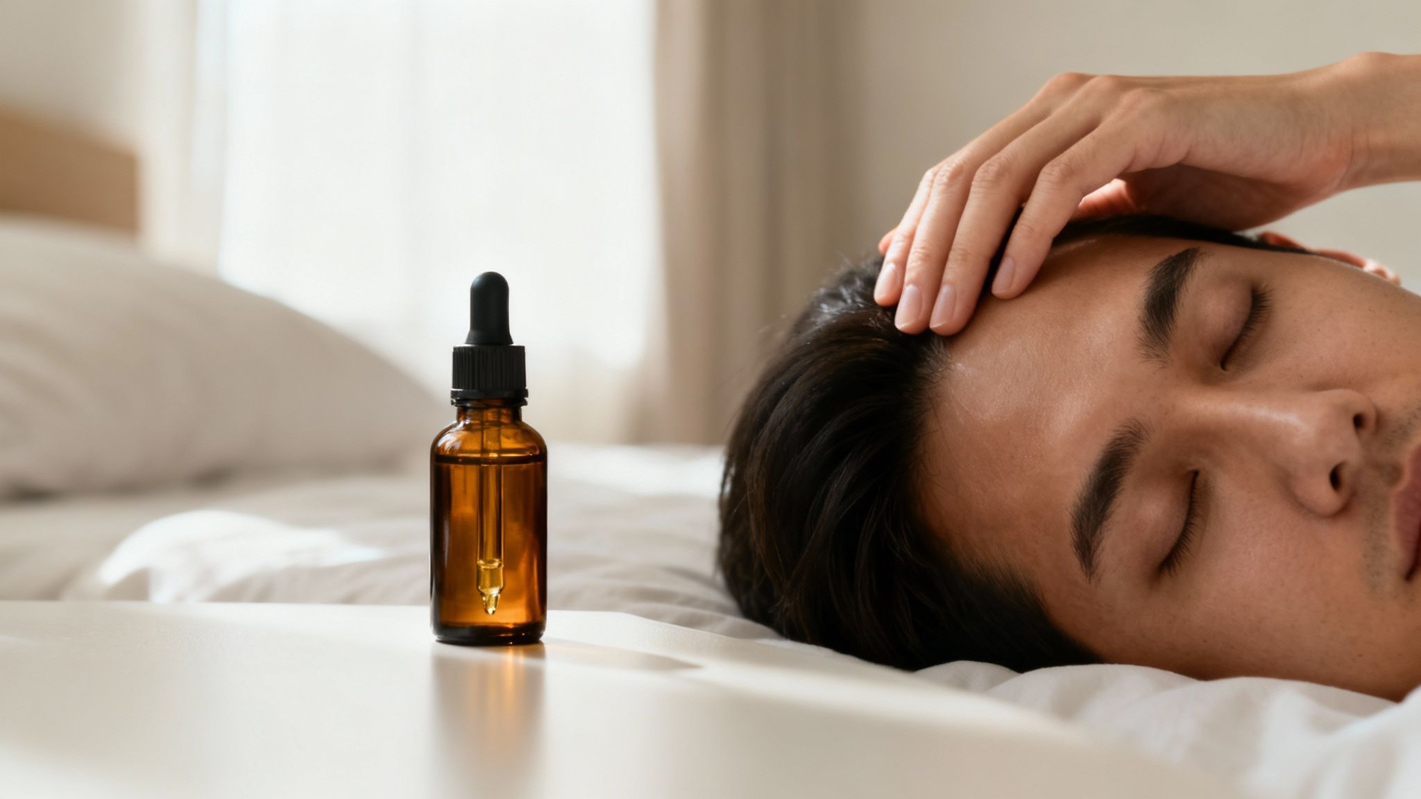 Person receiving a gentle head massage, with an essential oil dropper bottle on the table.
