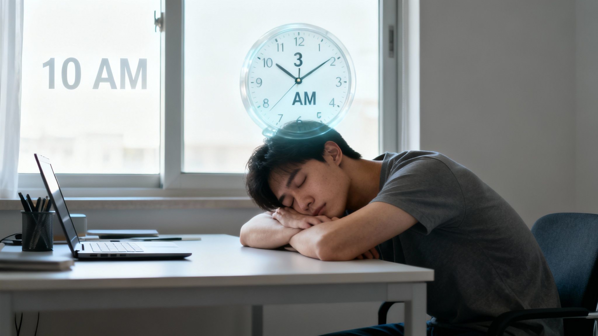 Man asleep at desk, 10 AM displayed, 3 AM internal clock implies a sleep disorder.