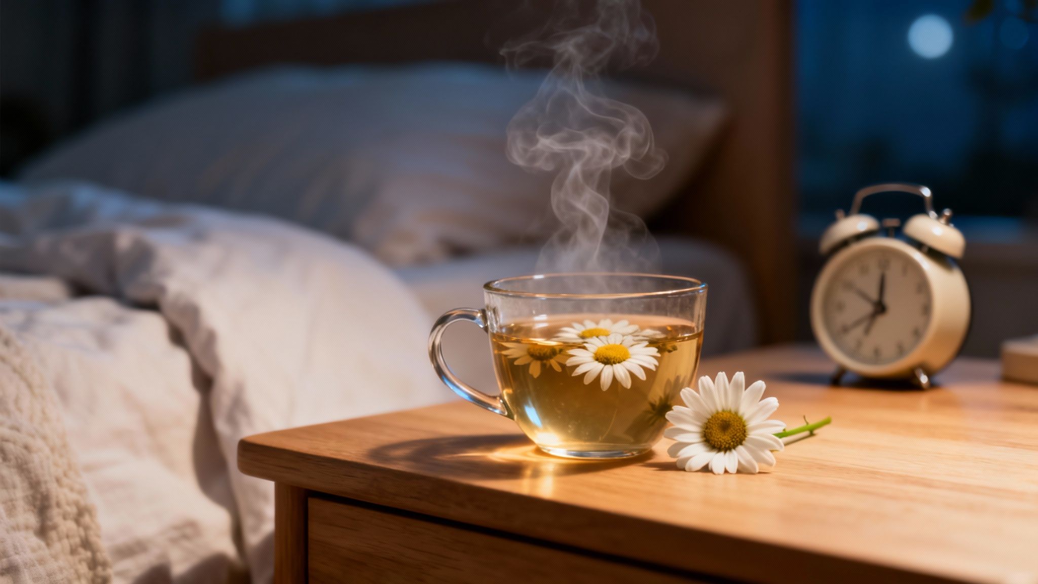 Steaming cup of chamomile tea with daisies on a bedside table next to a bed and alarm clock.